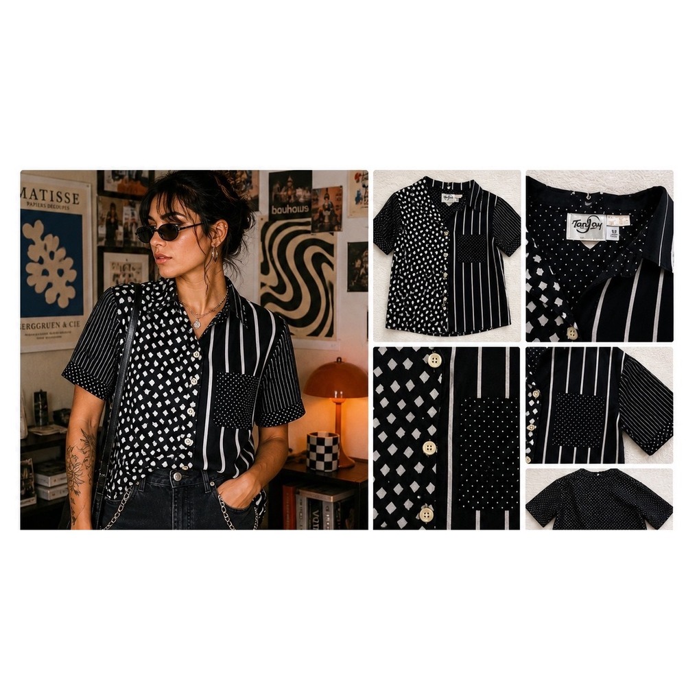 TanJay Mixed Print Button Up Blouse Womens 10 Black White Retro‎ Artsy Geometric